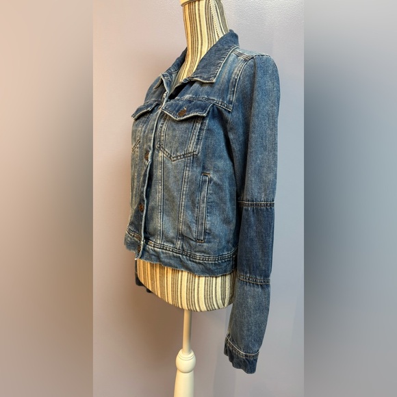 Free People Rumors Blue Denim patchwork Women's cropped Jean Jacket S - Picture 5 of 16
